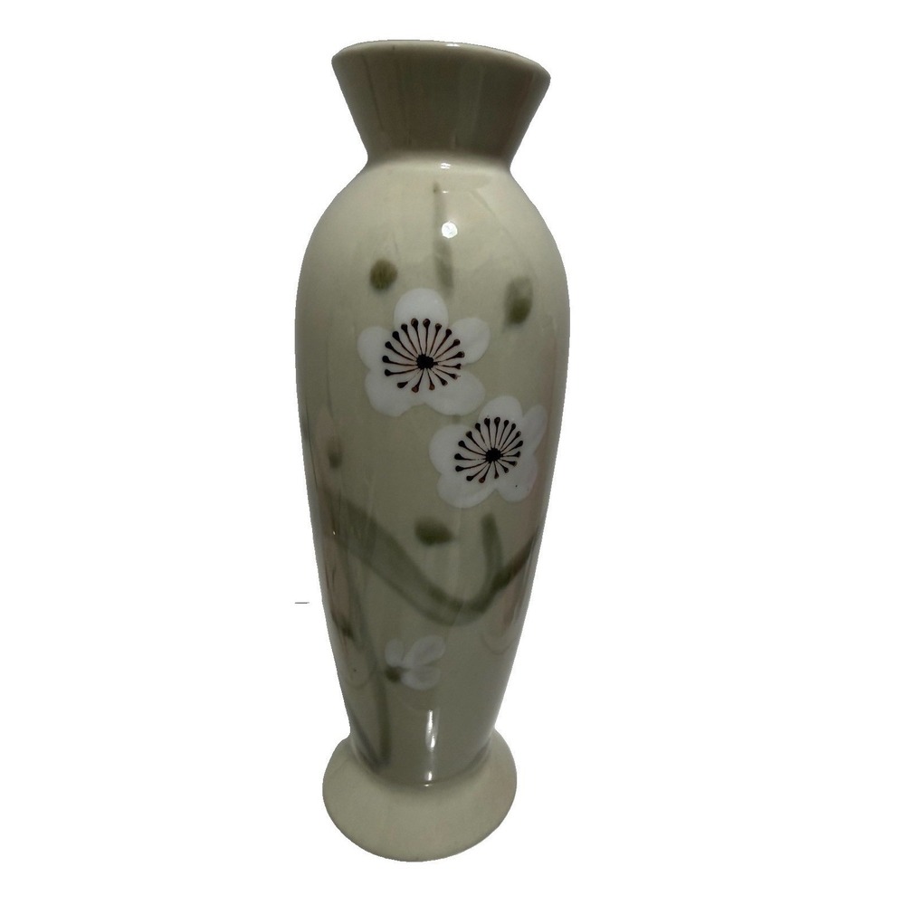 Vintage Celadon Floral Vase White Blossom Green Pottery Home Dexit